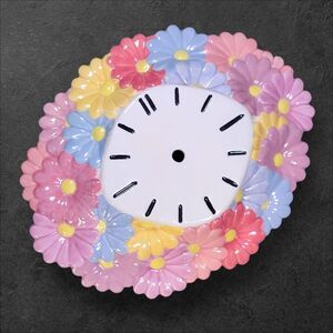 Vintage 70's Colorful Daisies Ceramic Wall Clock- Base only Pink Blue Yellow Red